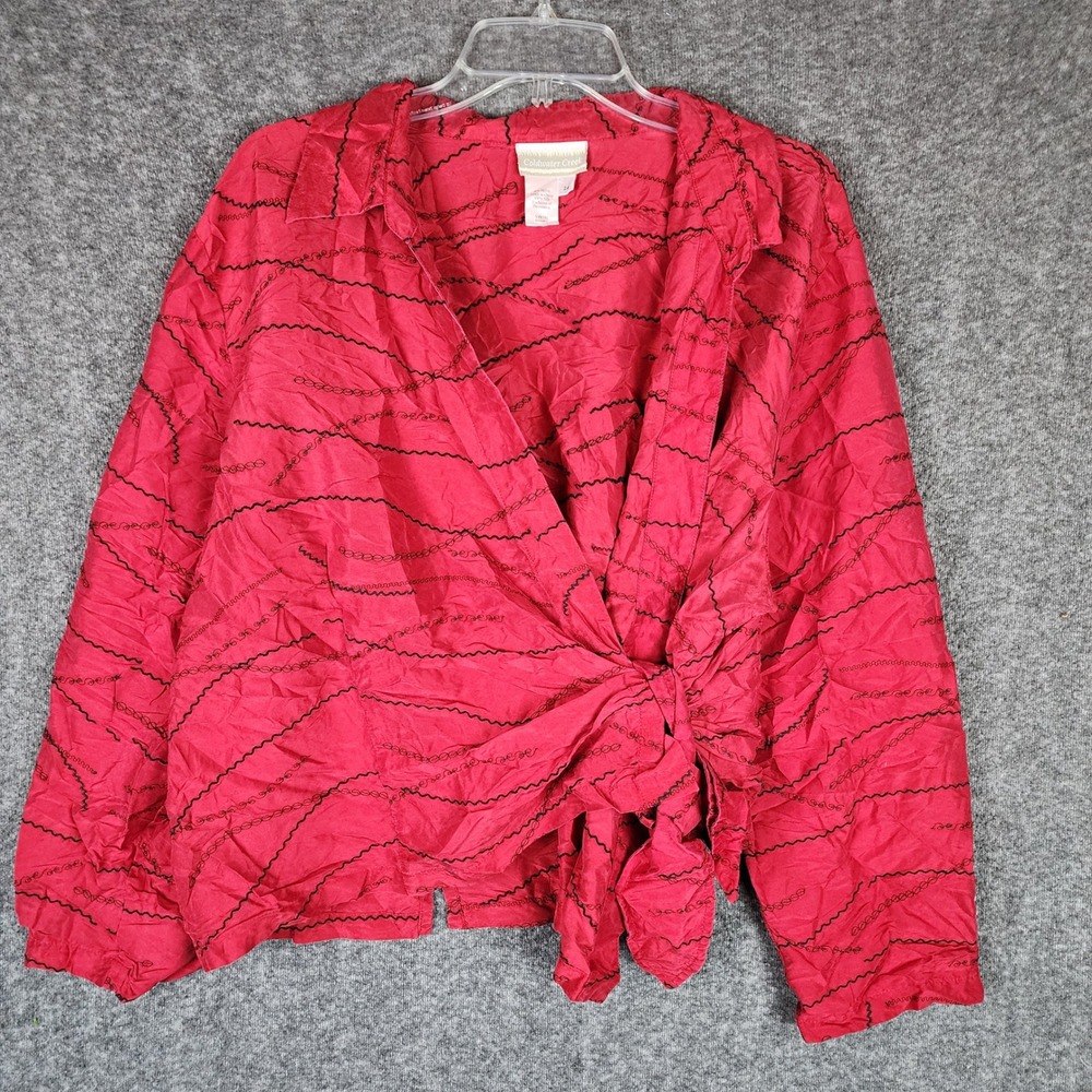 Coldwater Creek Blouse Womens 24 Red Silk Crinkle Embroidered Wrap EUC